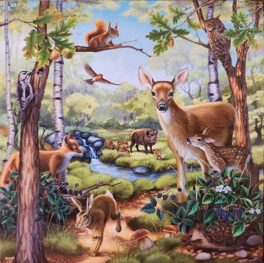 A diverse forest scene featuring a deer, fawn, fox, boar, and other woodland animals in a lush green clearing.