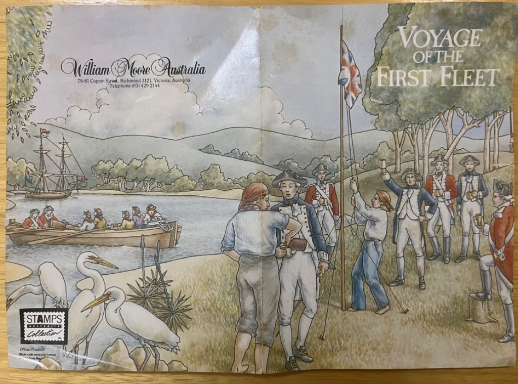 Historical scene depicting the First Fleet arrival with British soldiers, a small rowboat, and native egrets.