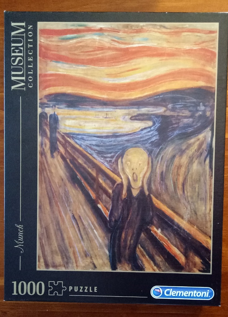 A reproduction of Edvard Munch's The Scream showing a distorted figure on a bridge against a swirling, fiery sky.