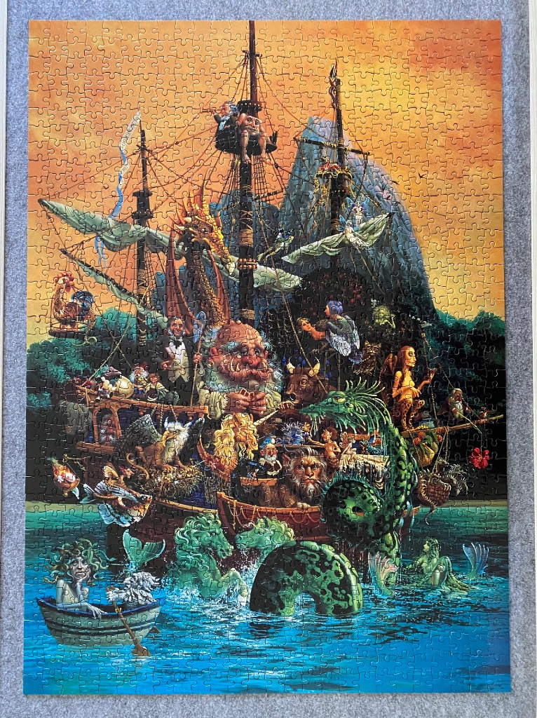 A fantasy illustration of a crowded ship filled with mythical creatures under a golden sunset.
