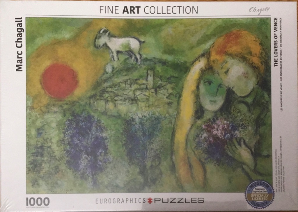 A painting by Marc Chagall titled The Lovers of Vence featuring a couple, a goat, and a red sun over a hillside village.