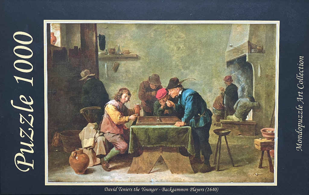 A 17th-century painting depicting men gathered in a dimly lit tavern playing a game of backgammon.
