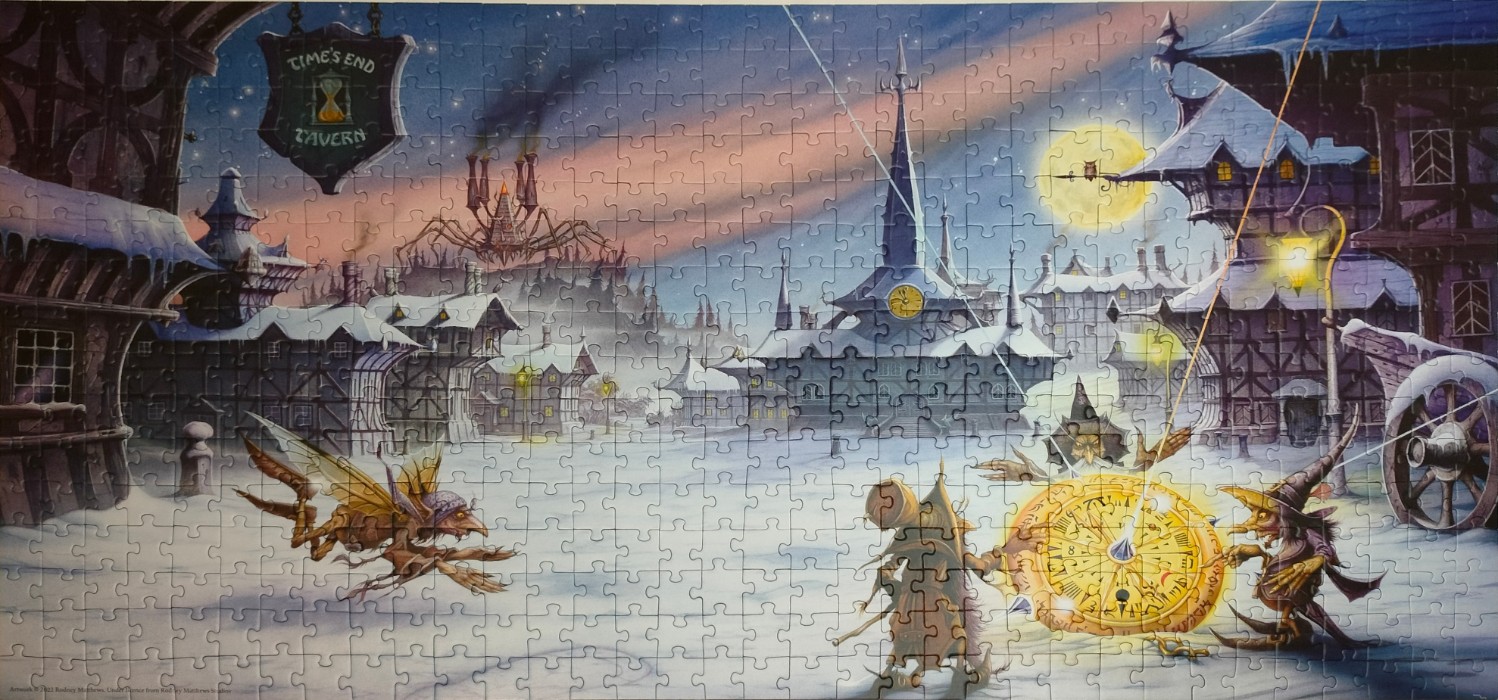 Fantasy illustration of a snowy village at twilight with goblins holding a glowing clock face.