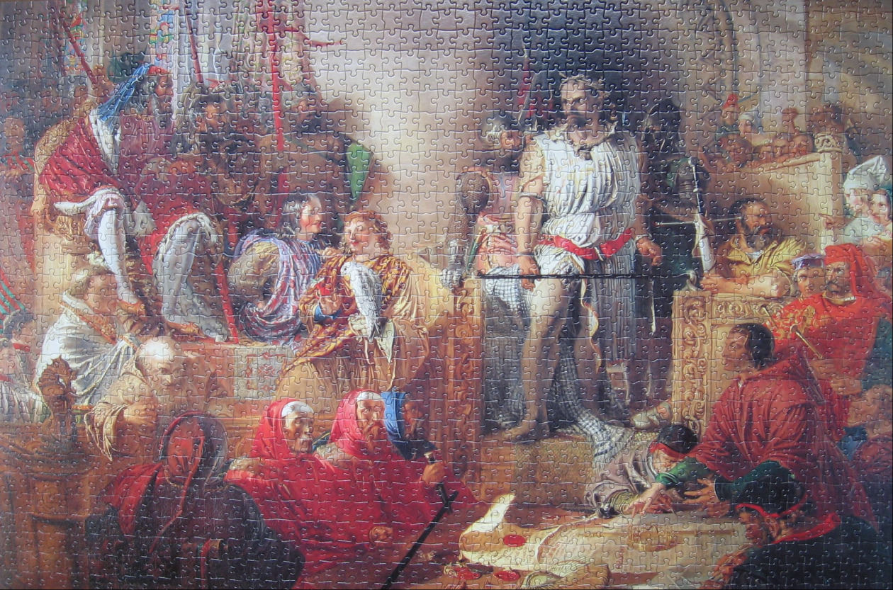 A historical painting depicting a royal court scene with figures in medieval attire, including a king on his throne.