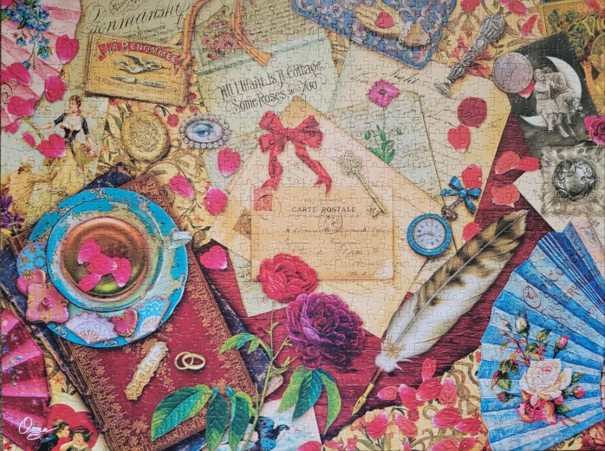 A vintage collage featuring antique letters, flowers, tea, and romantic trinkets in a romantic, Victorian style.