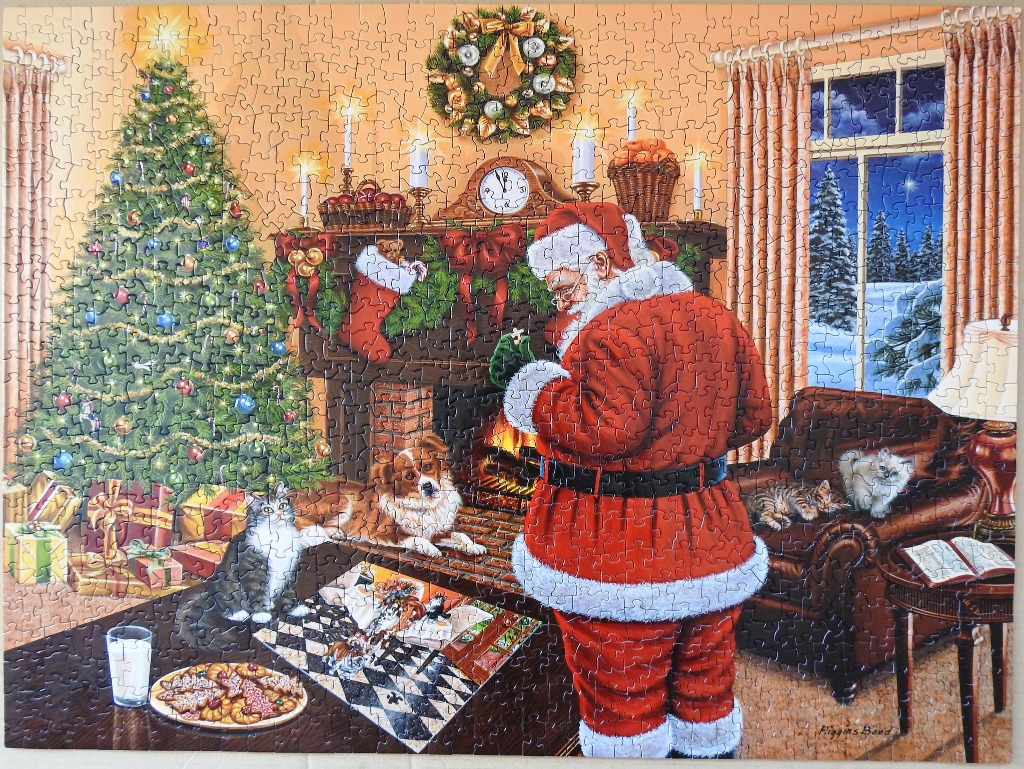 Santa Claus in a cozy living room with a Christmas tree, dog, cats, and fireplace.