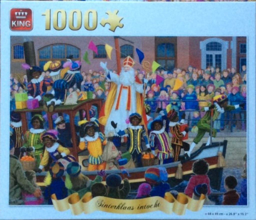 Illustration of Sinterklaas arriving on a steamboat greeted by a crowd of children.