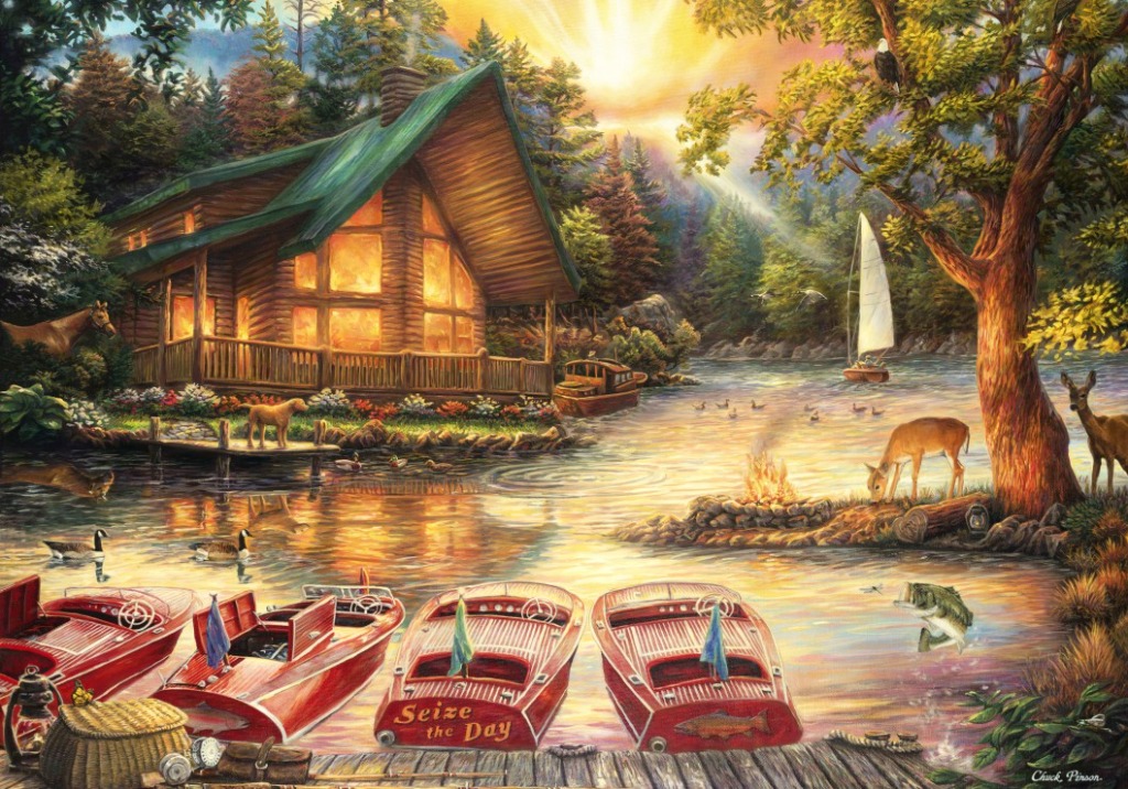 A cozy log cabin beside a sunlit lake with red motorboats docked at a wooden pier.