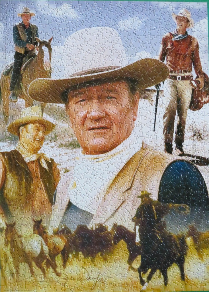 A montage painting featuring John Wayne in a white hat surrounded by smaller scenes of cowboys and horses.