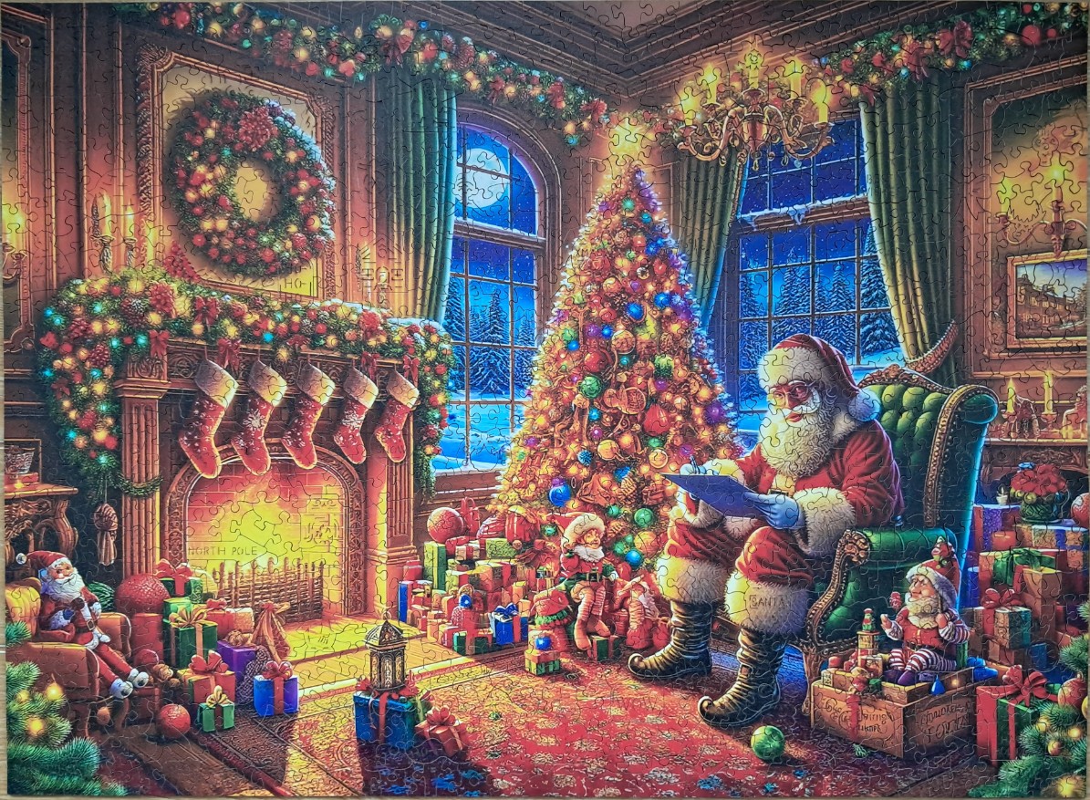 A cozy Christmas scene featuring Santa Claus in a decorated room with a tree, fireplace, and stockings.