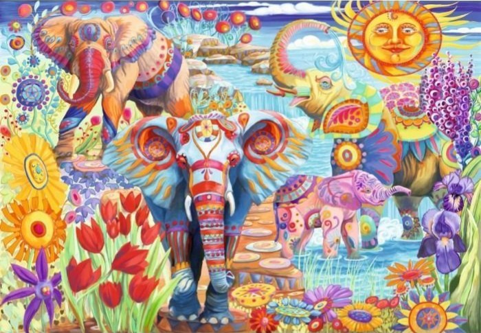 Whimsical illustration featuring three vibrant elephants amidst a surreal landscape of flowers, waterfalls, and a smiling sun