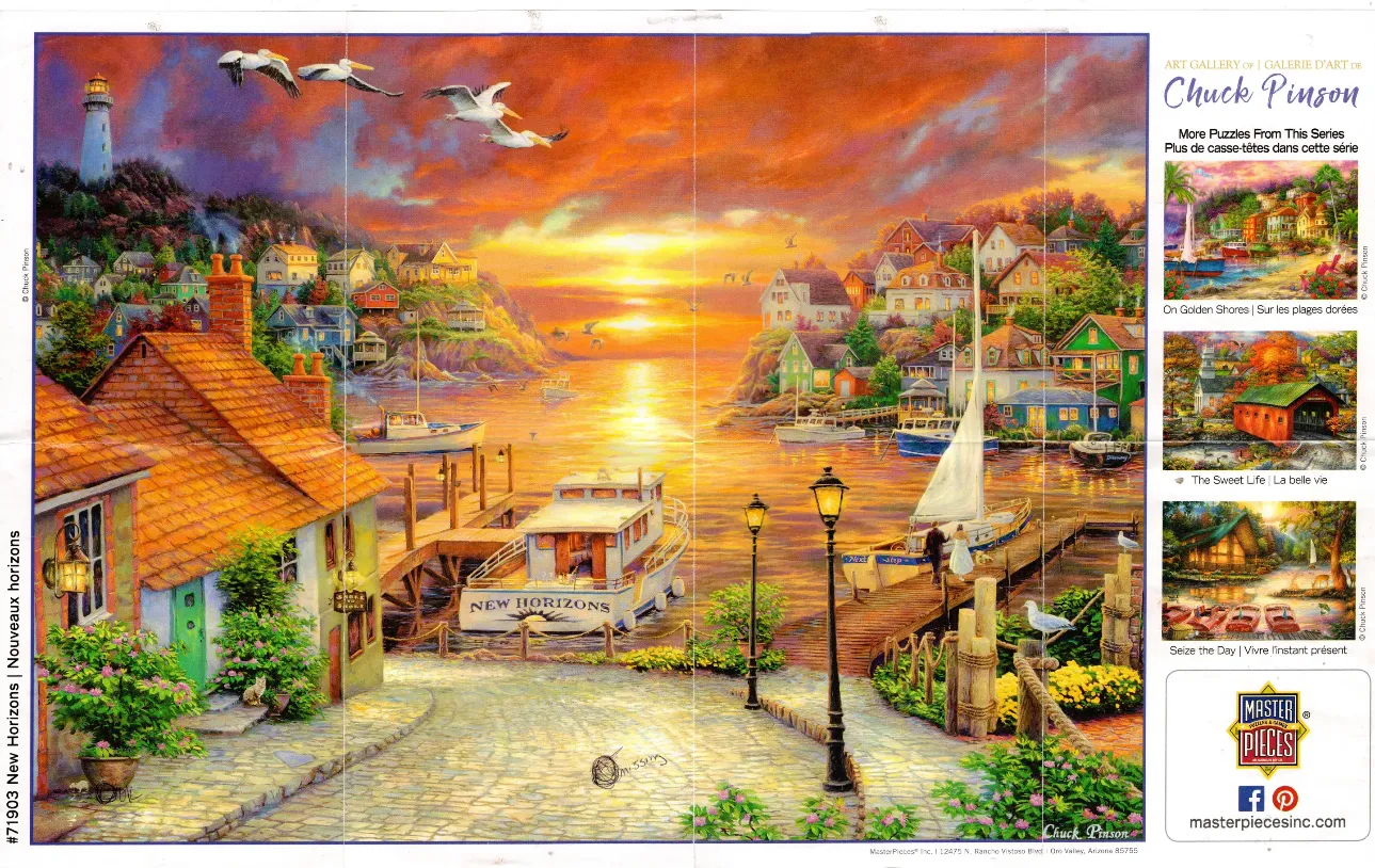 A seaside village at sunset with a lighthouse, boats, and a couple walking on a pier.