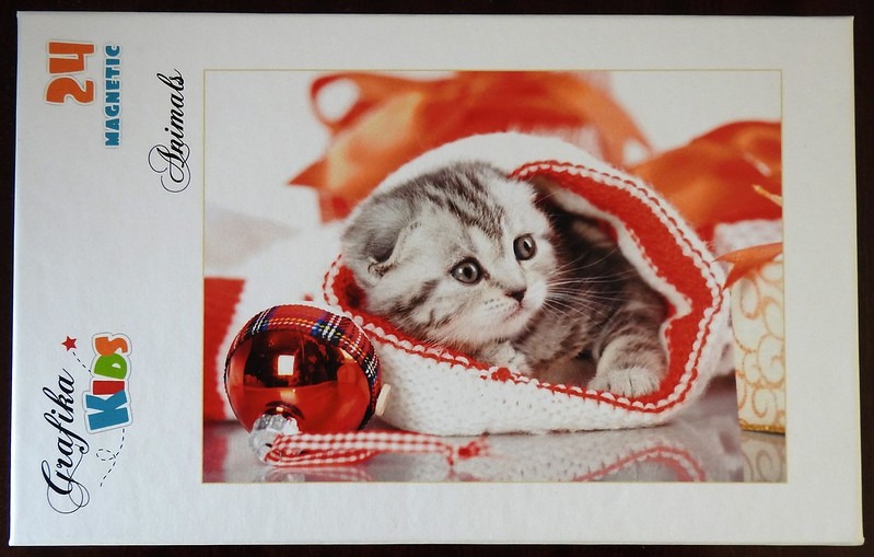A Scottish Fold kitten nestled inside a white and red Christmas stocking next to a shiny red ornament.