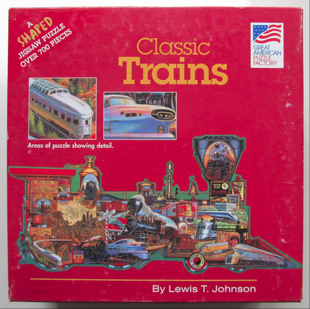 A montage of various vintage and modern trains arranged into the shape of a steam locomotive against a red background.