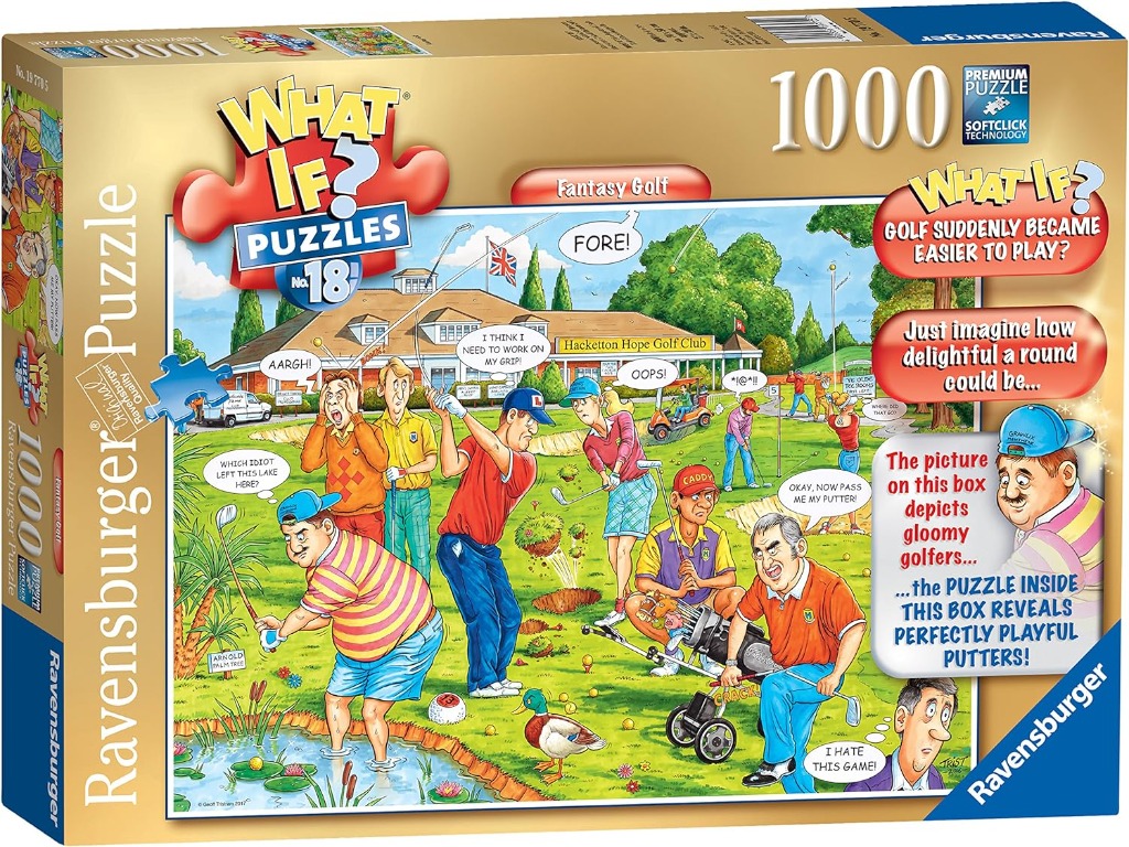 Cartoon illustration of frustrated golfers at a golf course clubhouse.