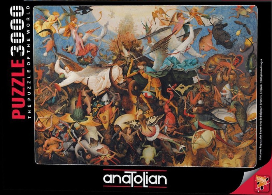 The Fall of the Rebel Angels by Pieter Bruegel the Elder showing a chaotic battle between angels and grotesque monsters.
