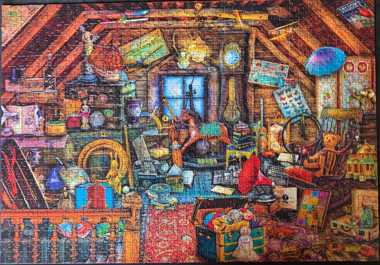 An attic filled with vintage toys, antiques, and miscellaneous collectibles.