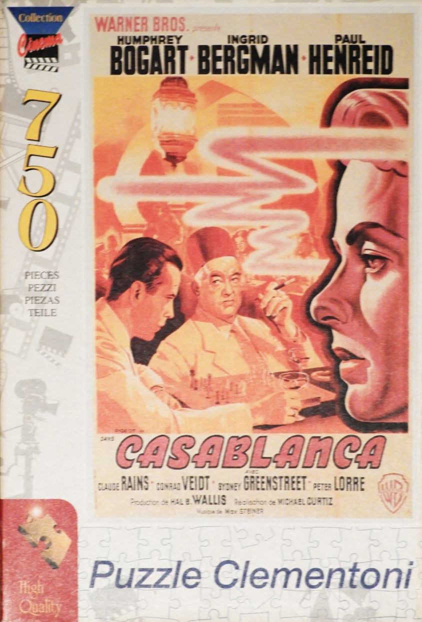 A vintage-style illustrated movie poster for Casablanca featuring profiles of Humphrey Bogart and Ingrid Bergman.
