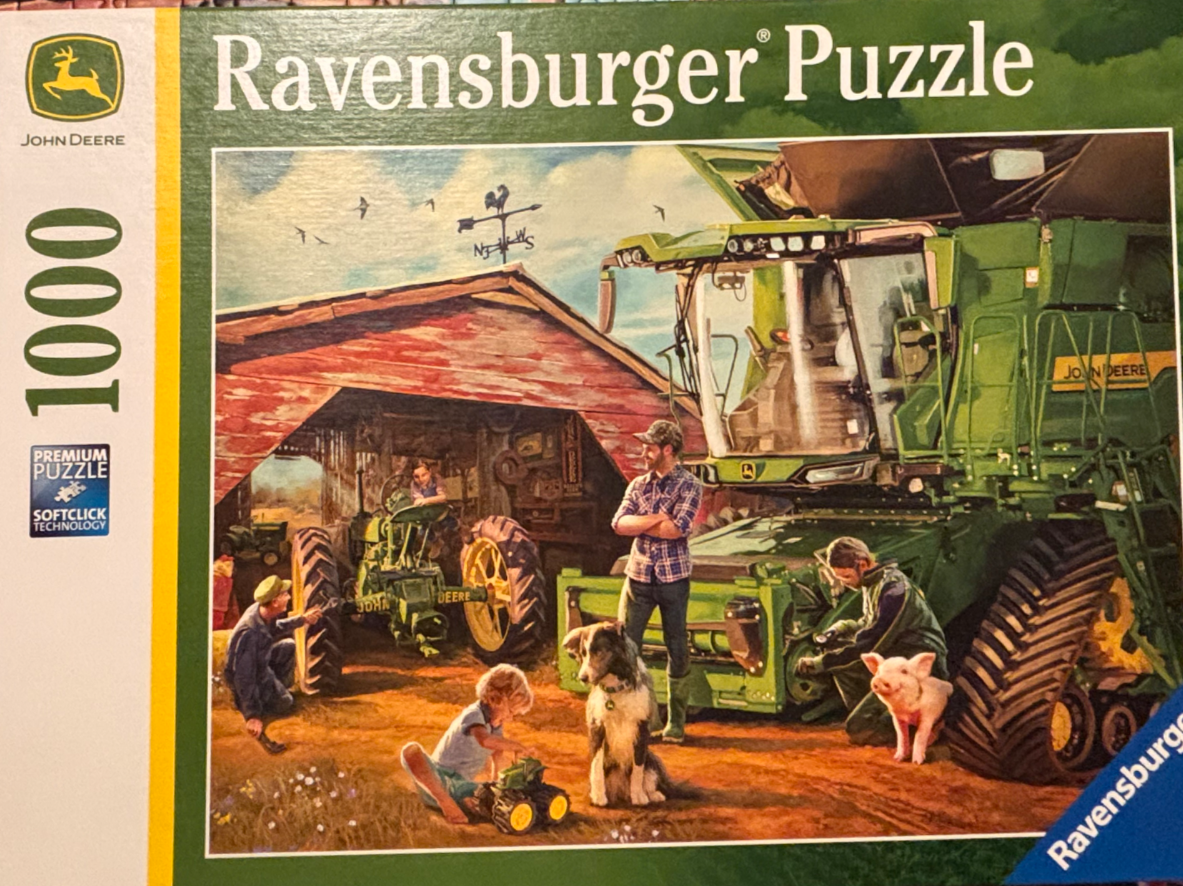 A rural farming scene featuring a combine harvester, a vintage tractor inside a barn, and a family with a dog.