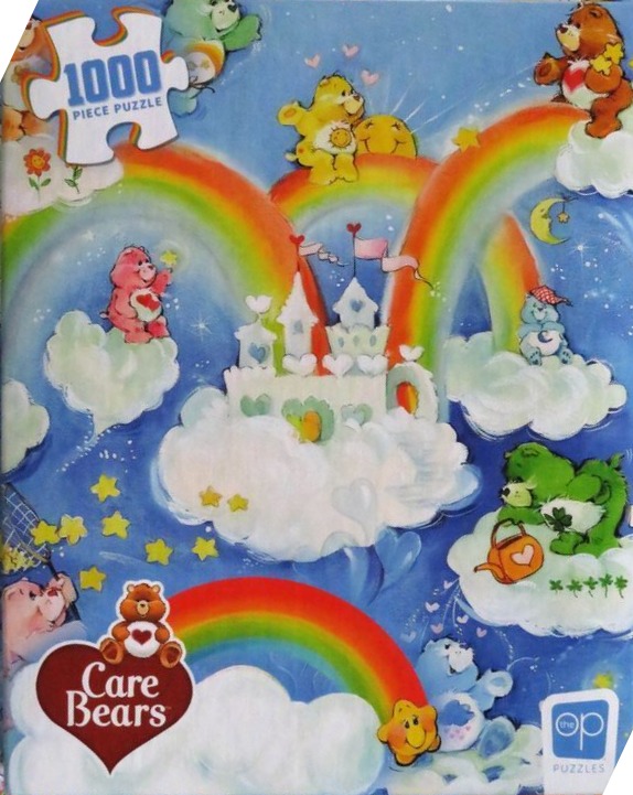 Colorful illustration of several Care Bears playing amongst clouds, rainbows, and a castle in a starry blue sky.