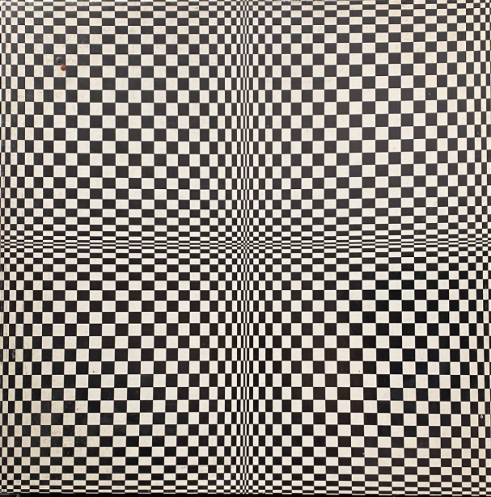 Op art style black and white optical illusion checkerboard pattern with a subtle central distortion.