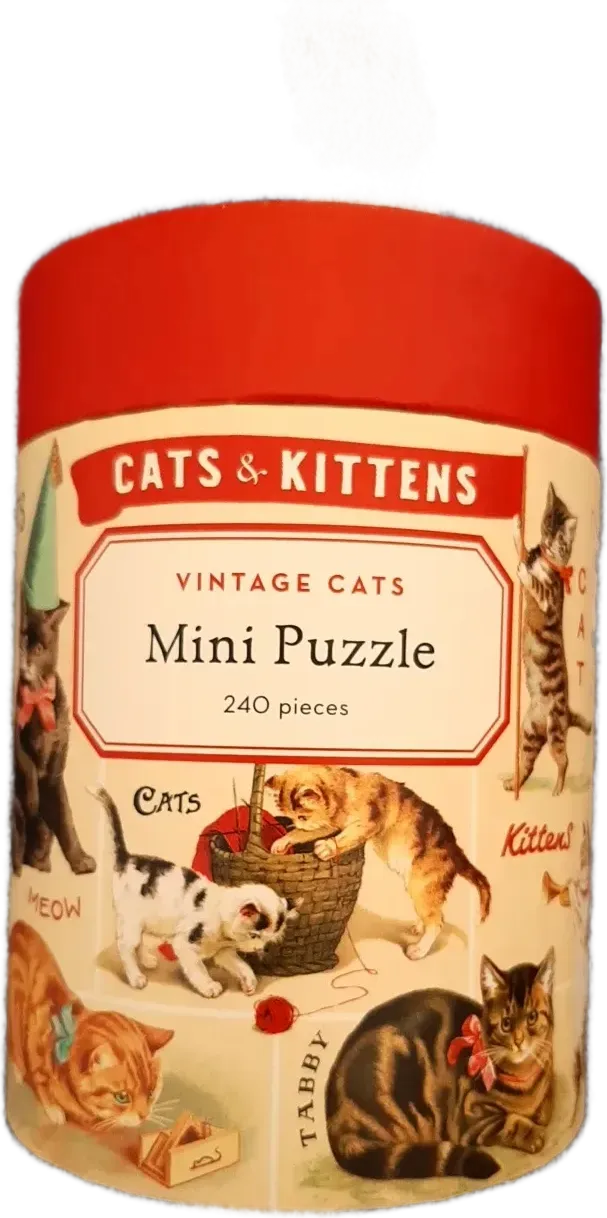 Vintage-style illustration of various cats and kittens in a whimsical, partitioned setting.