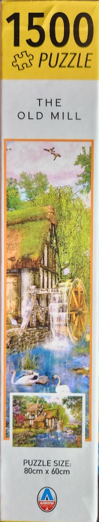 "The Old Mill" scene with a water wheel, swans on a pond, and birds in flight. Lush green trees and a thatched roof.
