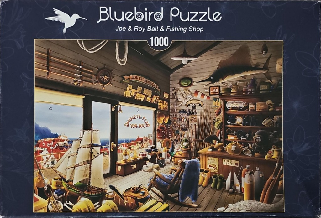 A cozy, rustic bait and fishing shop filled with gear, looking out over a coastal village.