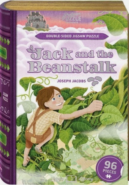 Illustration of Jack climbing a giant beanstalk with a castle in the clouds, designed to look like a vintage book cover.
