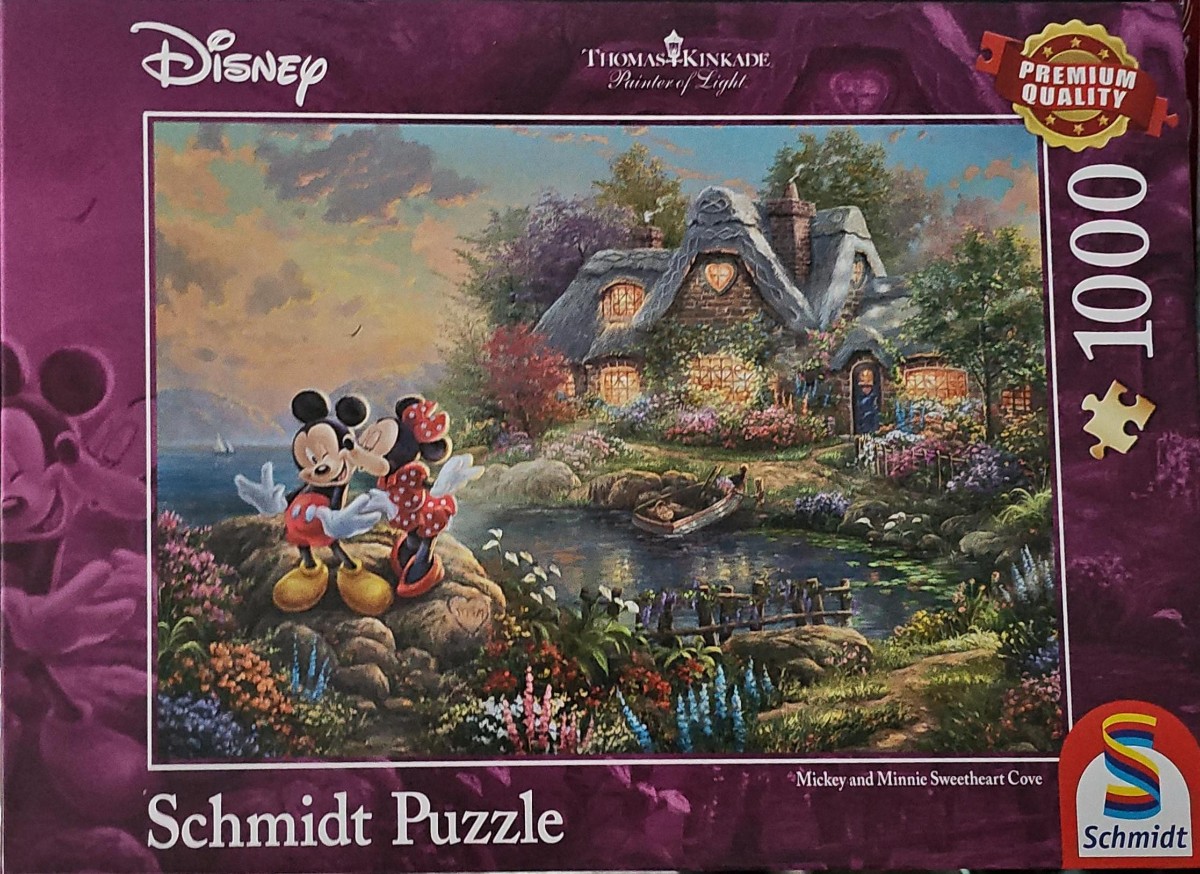 Mickey and Minnie Mouse sharing a kiss near a romantic cottage by a pond at sunset.