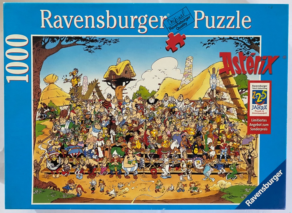 A crowded illustration of many Gaulish villagers from Asterix gathered together in a vibrant comic book style.