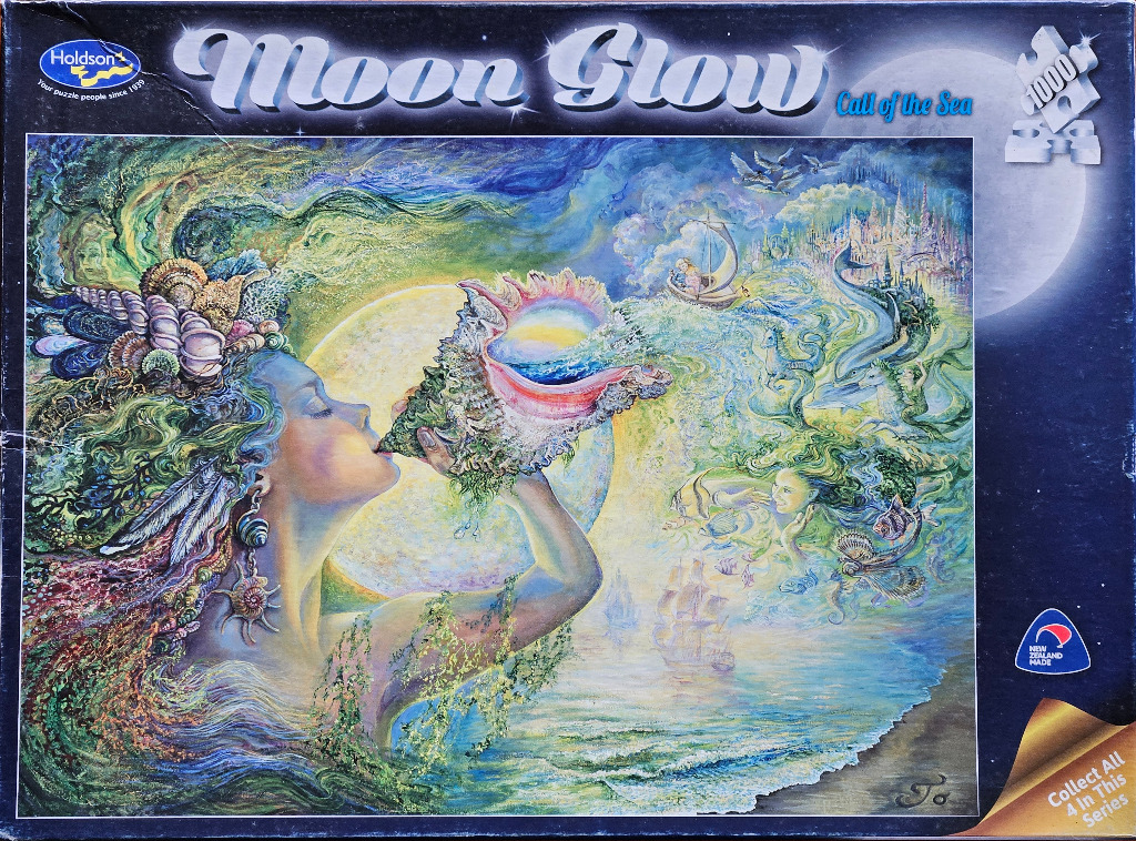 Fantasy illustration of a woman blowing into a seashell, conjuring a magical sea scene with a glowing moon background.