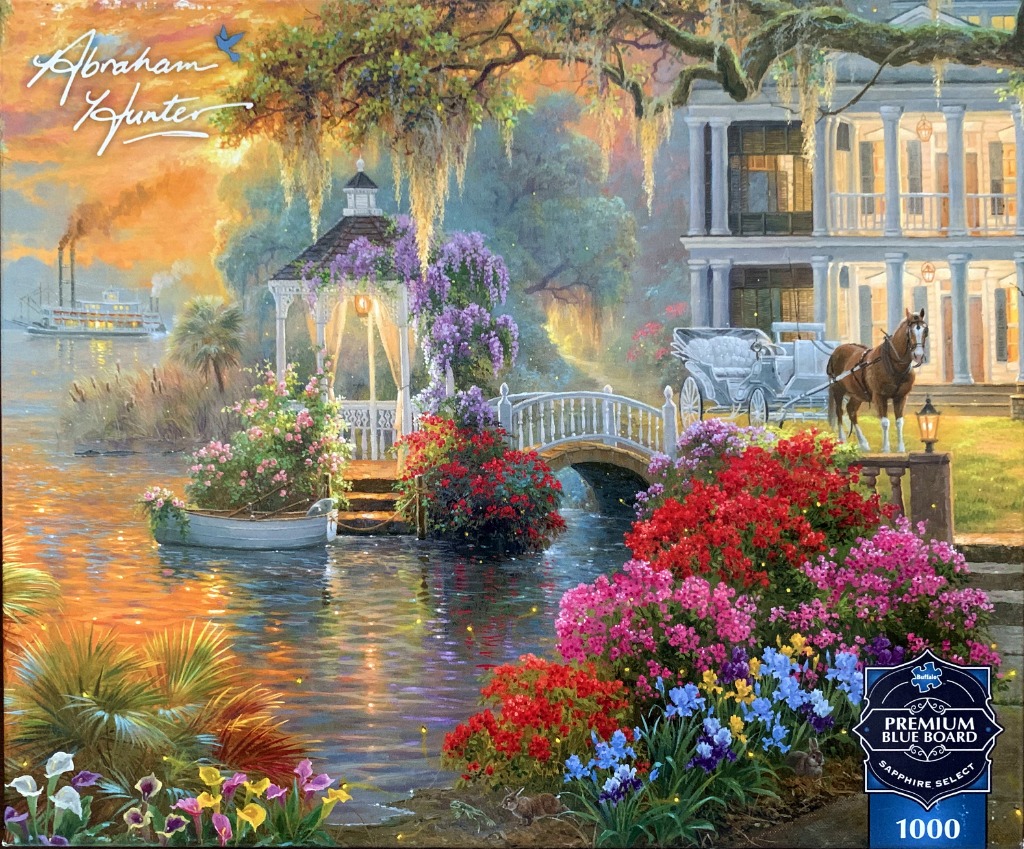A romantic Southern estate scene at sunset with a steamboat, gazebo, horse-drawn carriage, and lush floral gardens.