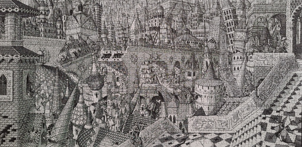 Intricate black and white ink drawing of a sprawling, multi-layered fantasy city with diverse architectural styles.