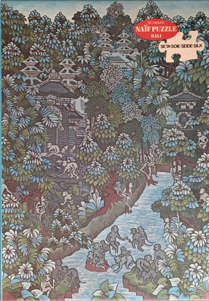 Naïf illustration of monkeys playing in a lush Balinese jungle temple setting with a stream.