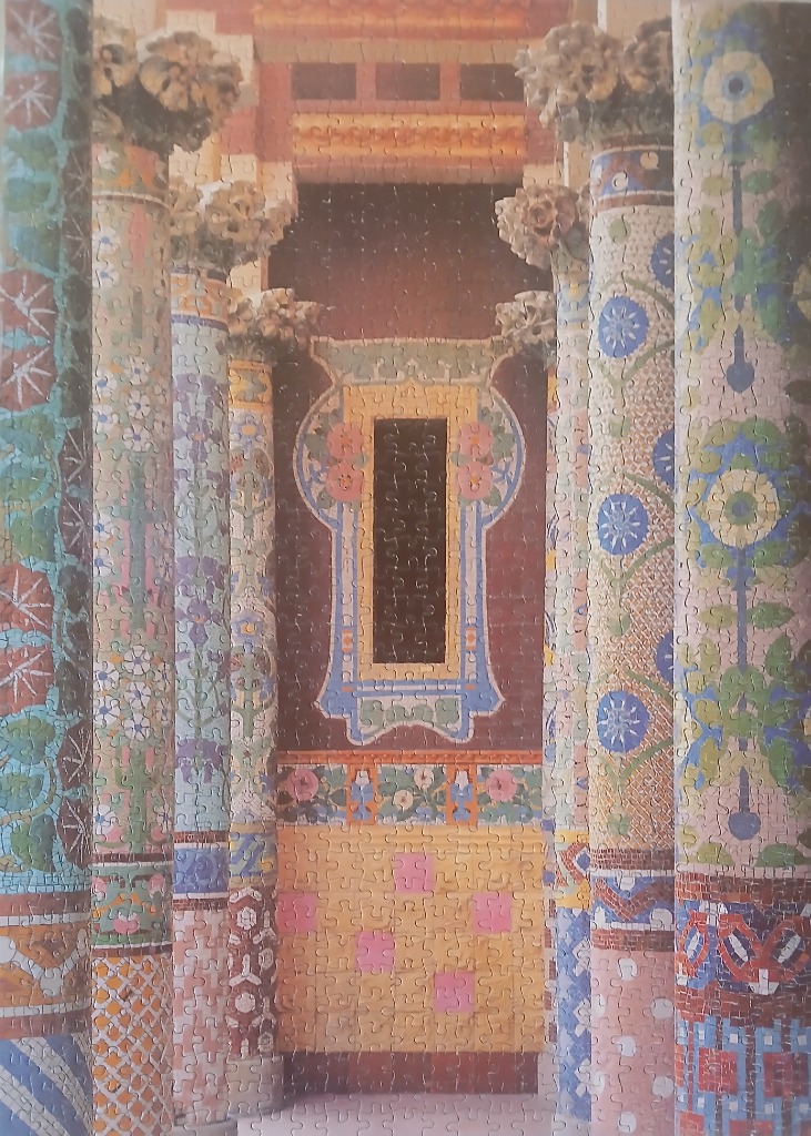 A detailed illustration of an architectural interior with ornate, colorful columns inspired by Minoan art.