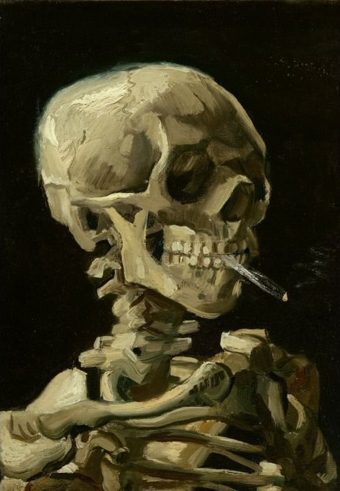 An oil painting of a human skull smoking a cigarette against a pitch-black background.