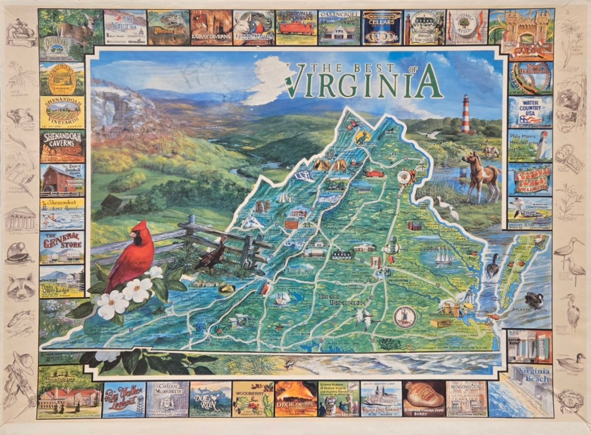 Illustrated pictorial map of Virginia featuring the state outline, local wildlife, and small vignettes of landmarks.