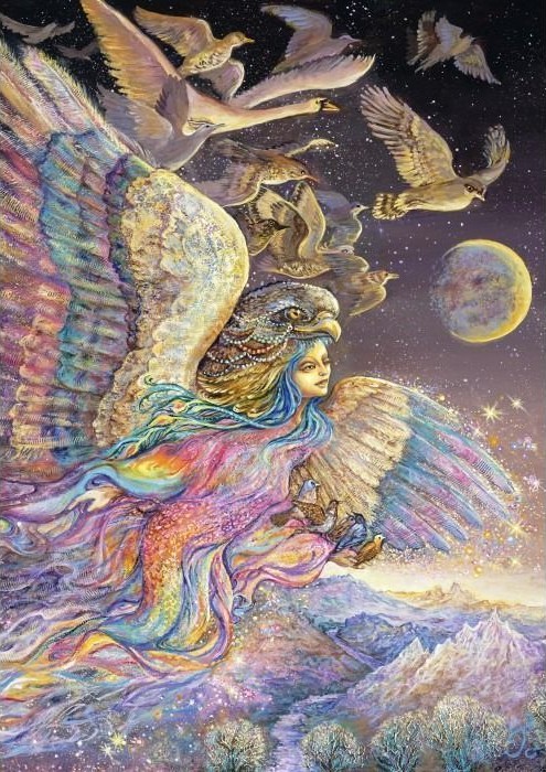 A mystical figure with wings and a bird headdress soaring over a moonlit mountain landscape filled with flying birds.