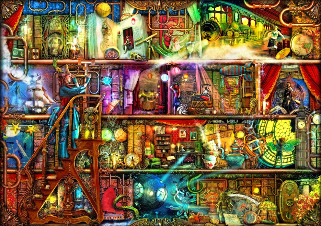 A whimsical steampunk library featuring multiple shelves filled with magical objects, miniature scenes, and ornate brass pipe
