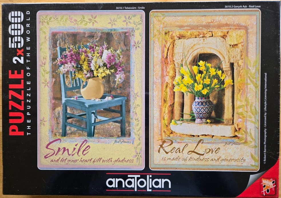 Two separate scenes of flowers in decorative settings, labeled 