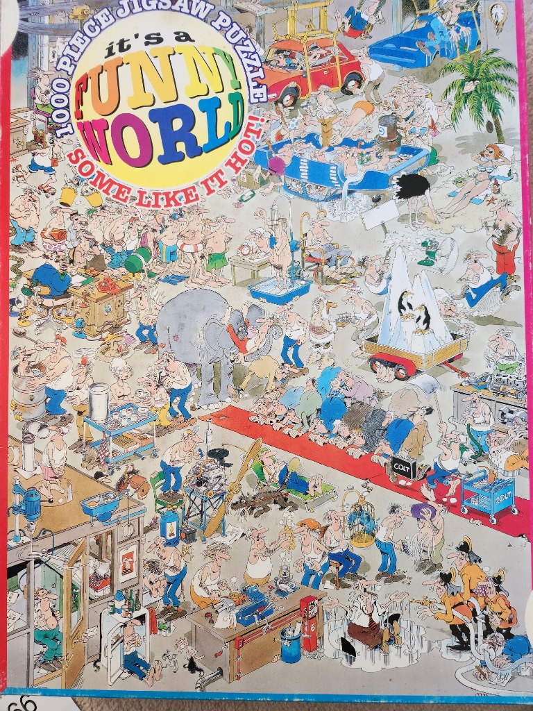 A busy cartoon illustration featuring a chaotic, hot-weather scene with many humorous characters and activities.