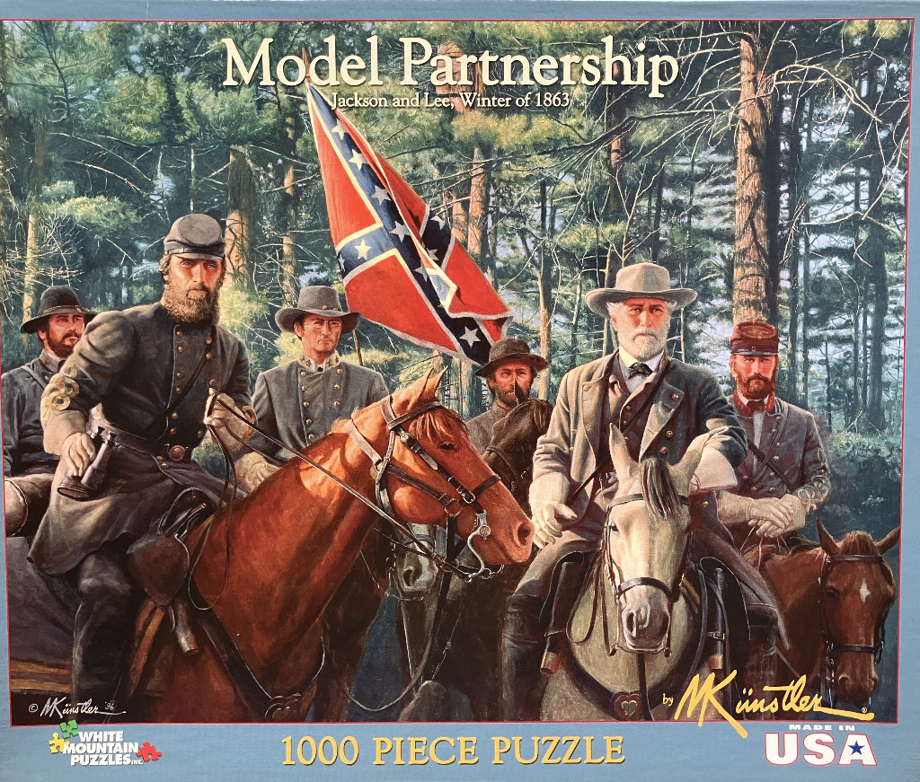 Historical painting of Stonewall Jackson and Robert E. Lee on horseback with Confederate officers in a winter forest.