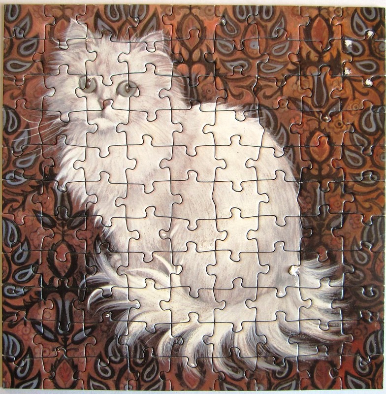 A portrait of a fluffy white cat sitting against an ornate, paisley-patterned brown background.