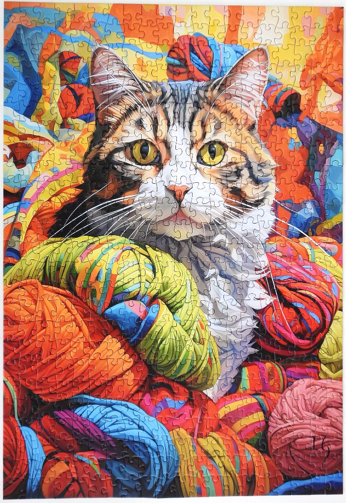 A vibrant, stylized portrait of a cat sitting amidst a colorful pile of yarn skeins.