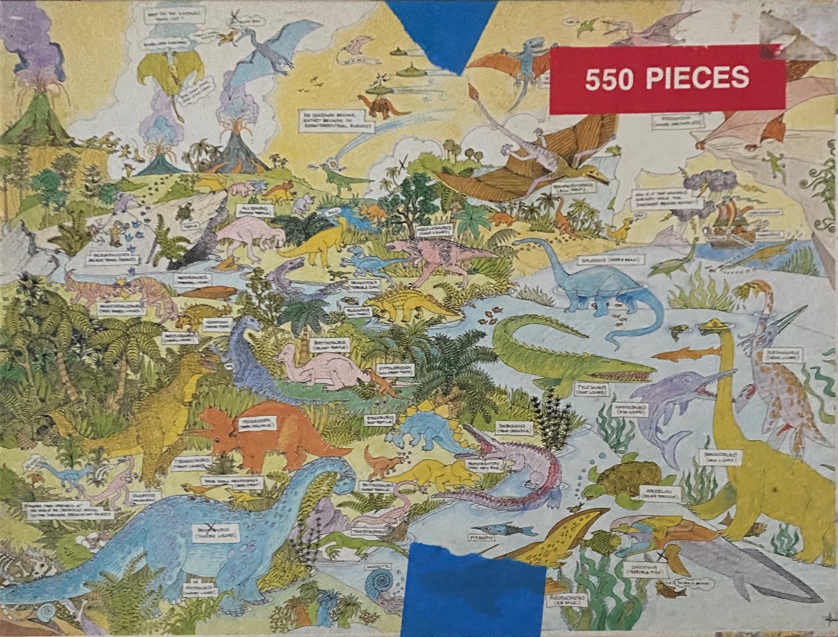 A whimsical illustrated scene filled with various dinosaurs, prehistoric sea creatures, and volcanic mountains.
