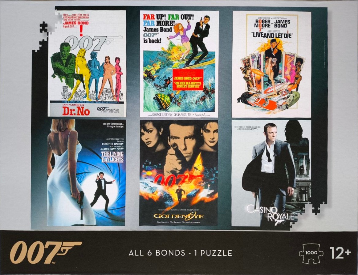 Collage of six James Bond movie posters featuring various actors including Sean Connery and Daniel Craig.