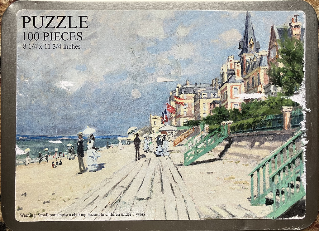 An impressionist painting of a boardwalk scene in Trouville featuring people in Victorian attire by the seaside.
