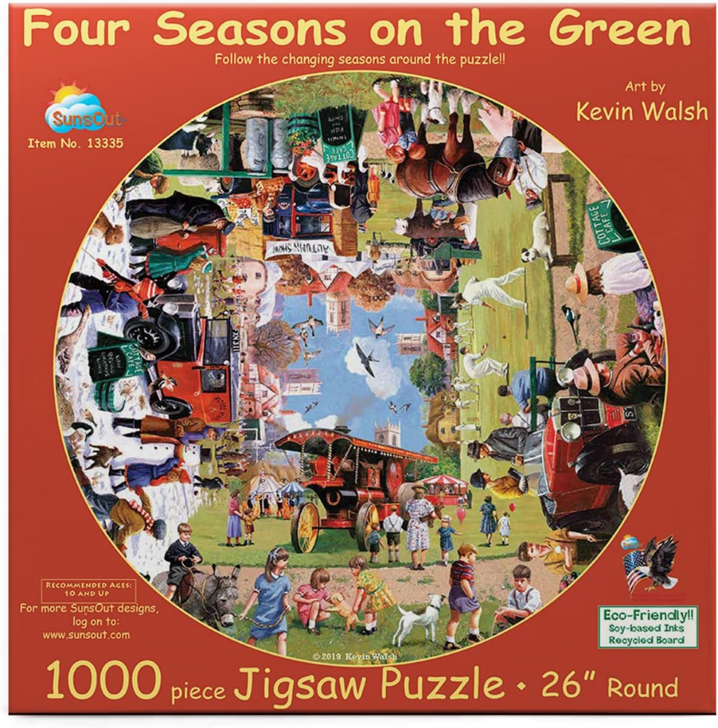 Circular illustration depicting the four seasons in a British village scene with diverse characters and activities.
