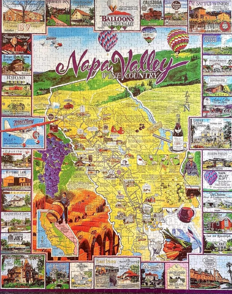 An illustrated map of Napa Valley Wine Country surrounded by small vignettes of local wineries and attractions.